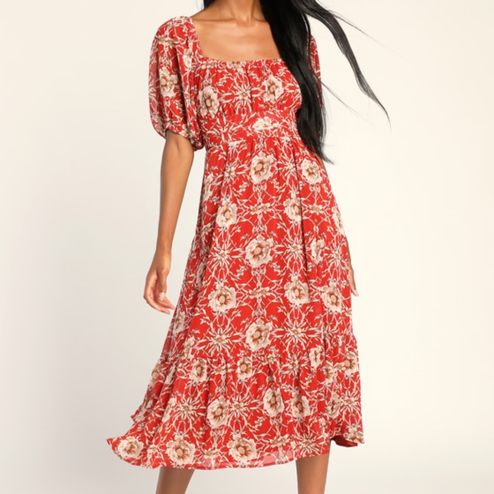 Lulus Daily Daydream Rust Red Floral Print Puff Sleeve Midi Dress - Size L